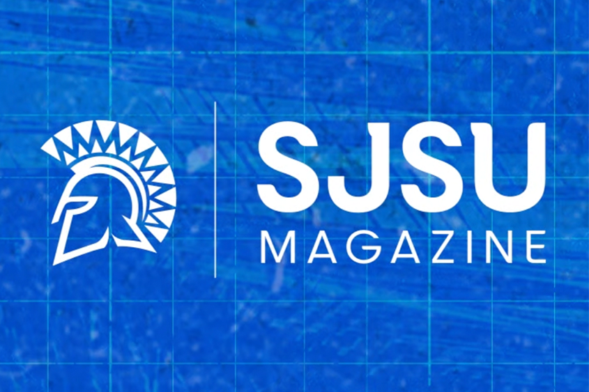 SJSU Magazine logo over a blueprint background.