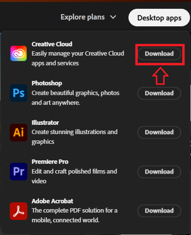 Adobe home page showing “Desktop Apps” section with Adobe Creative Cloud download option.