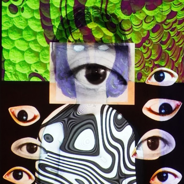 Digital Video showing cutouts of eyes projected onto a painting of a person.