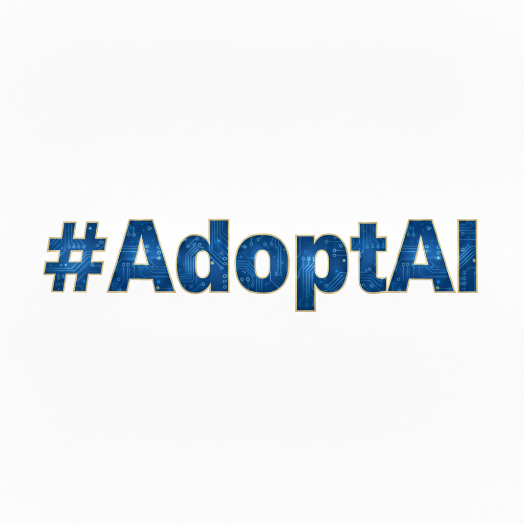 an image with the text #AdoptAI written in blue font