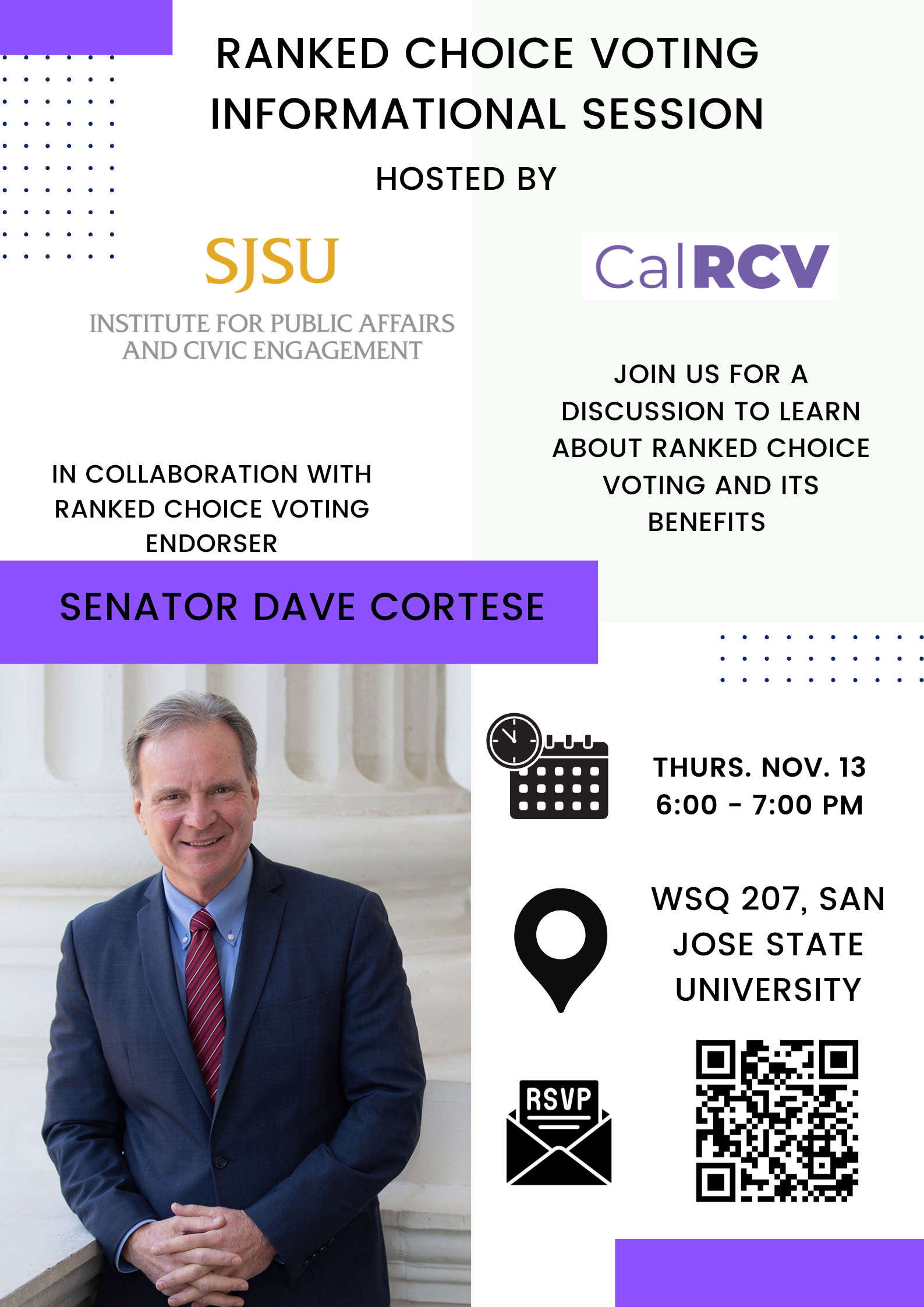 Flyer for information session on ranked choice voting with Dave Cortese