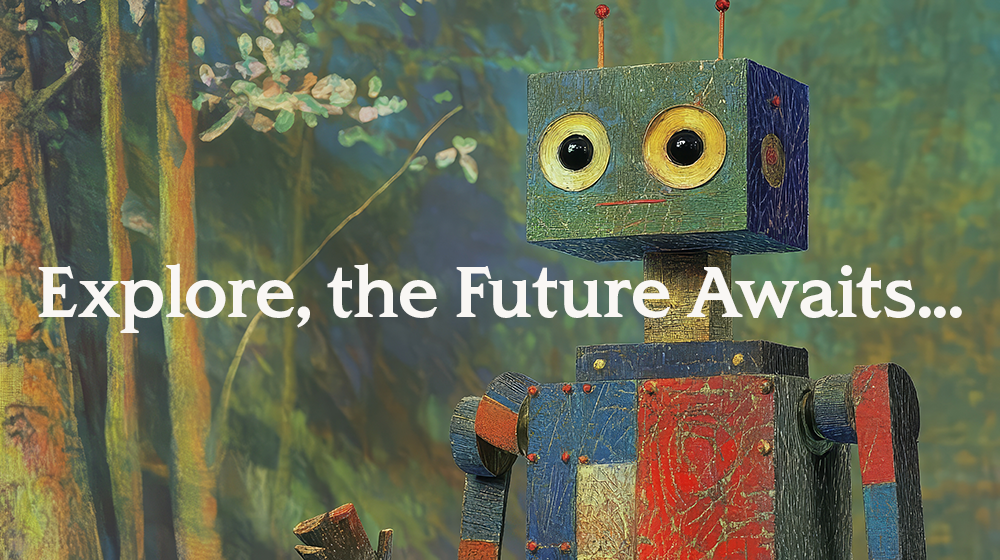 Explore, the Future Awaits text overlaid on a painted robot in the forest.
